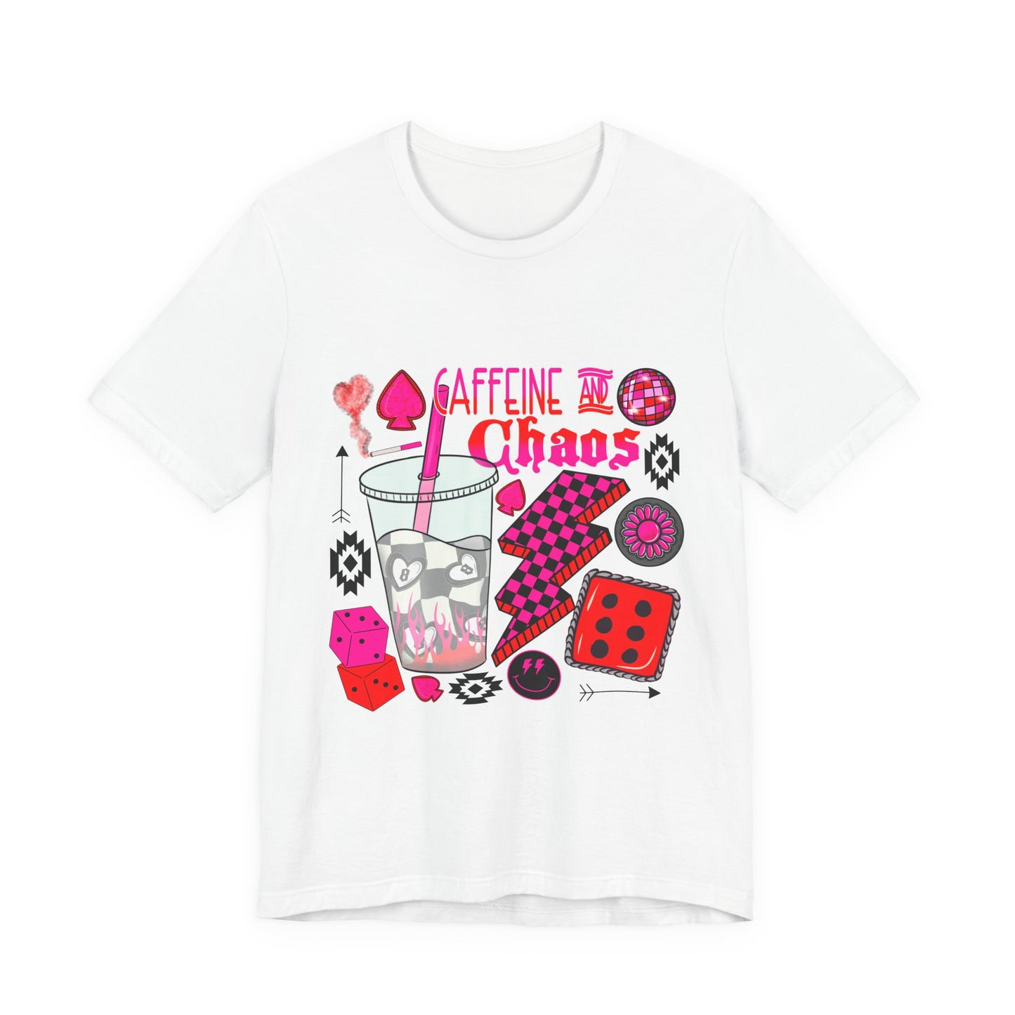 Caffeine & Chaos Tee — Retro Dice Game Milkshake Graphic T-Shirt