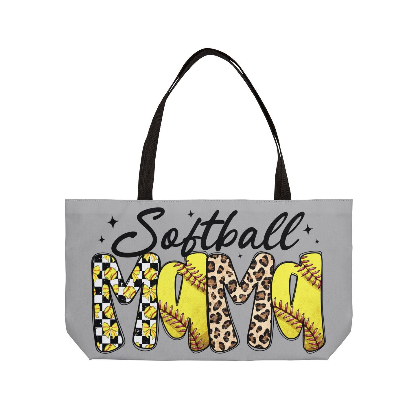 Weekender Tote Bag — "Softball MAMA" Leopard & Yellow Softball Pattern