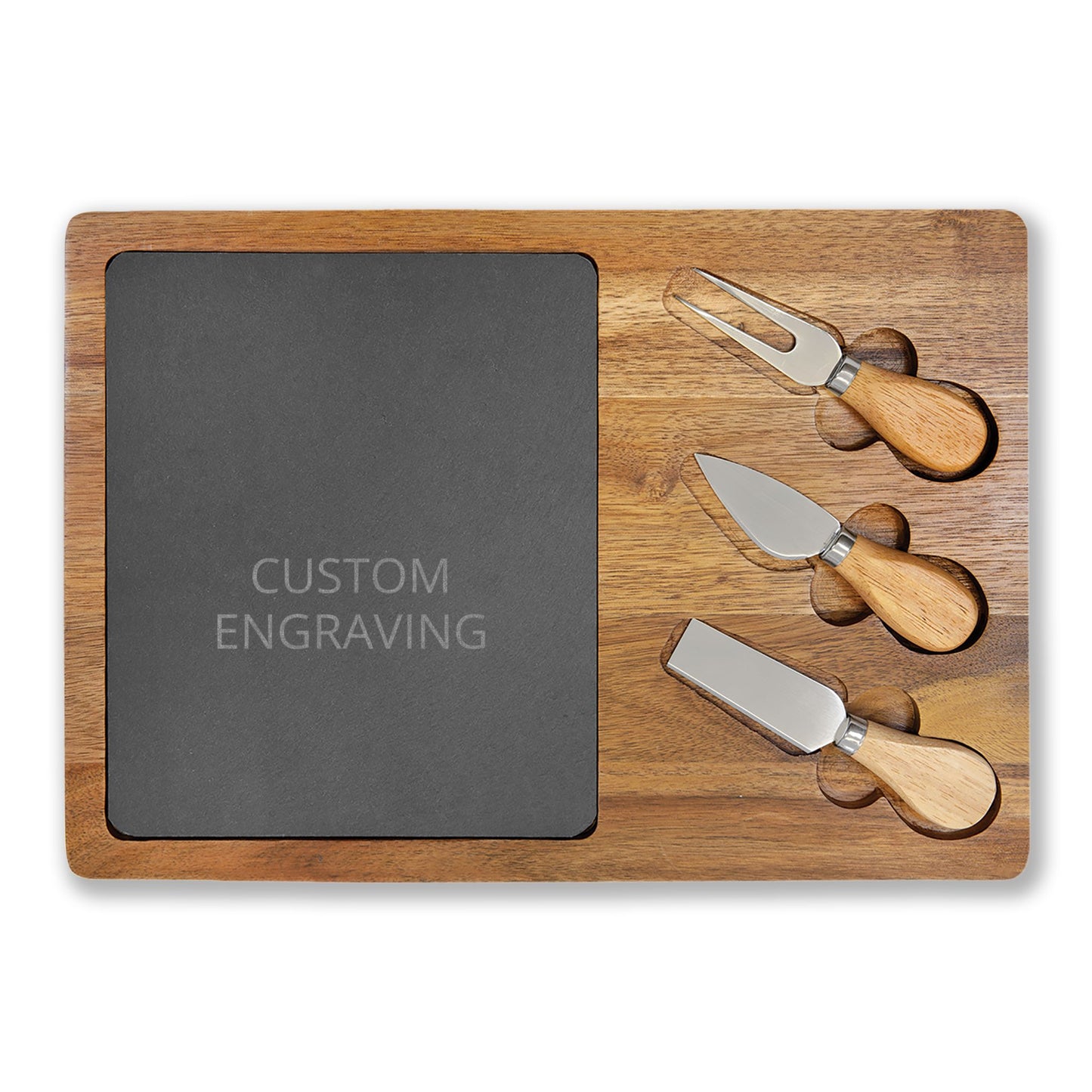 Engraved Acacia Charcuterie Board with Slate Inset & Cheese Tools