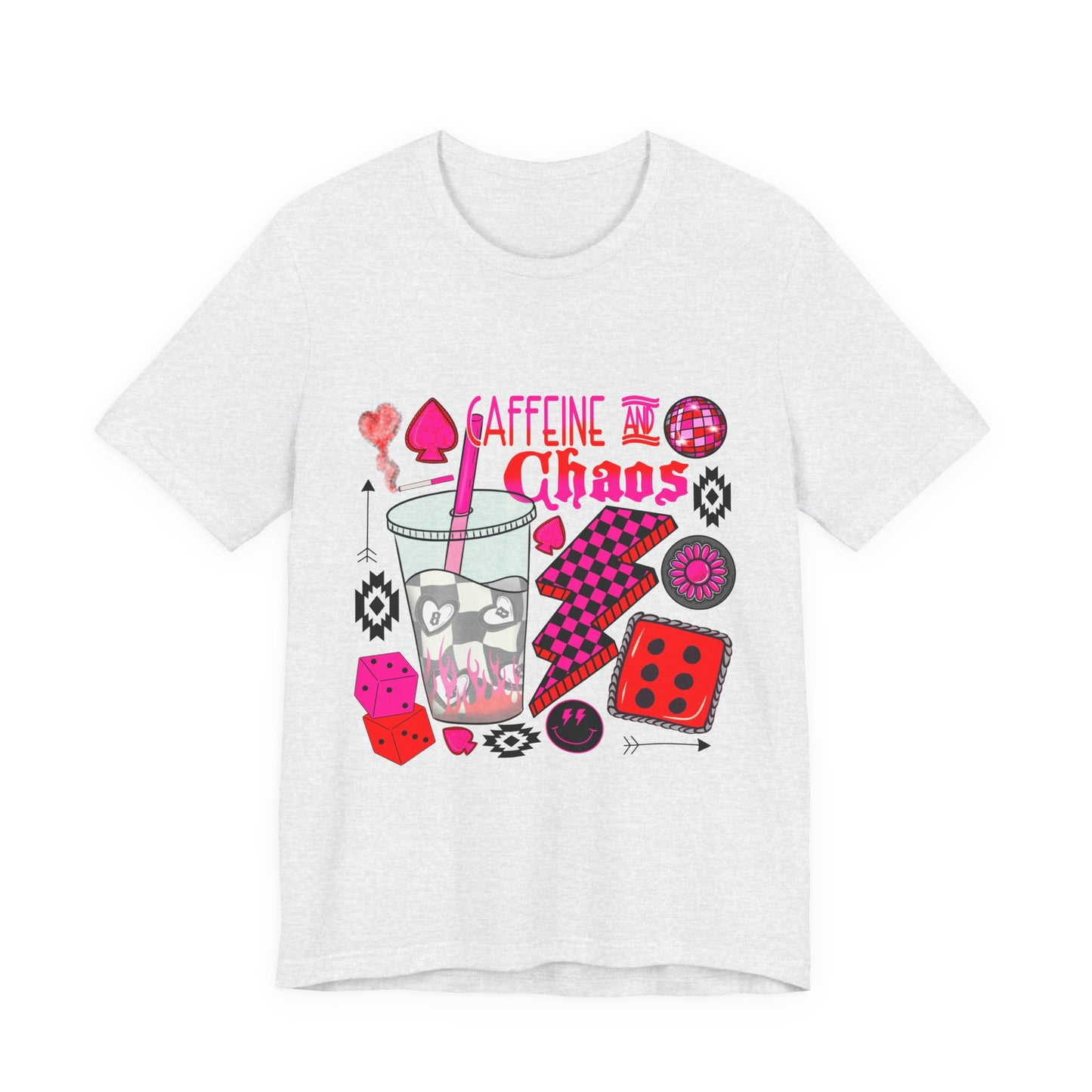 Caffeine & Chaos Tee — Retro Dice Game Milkshake Graphic T-Shirt