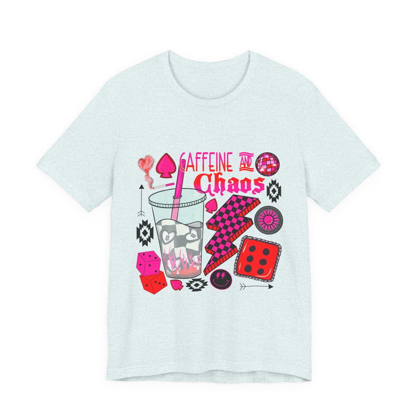 Caffeine & Chaos Tee — Retro Dice Game Milkshake Graphic T-Shirt
