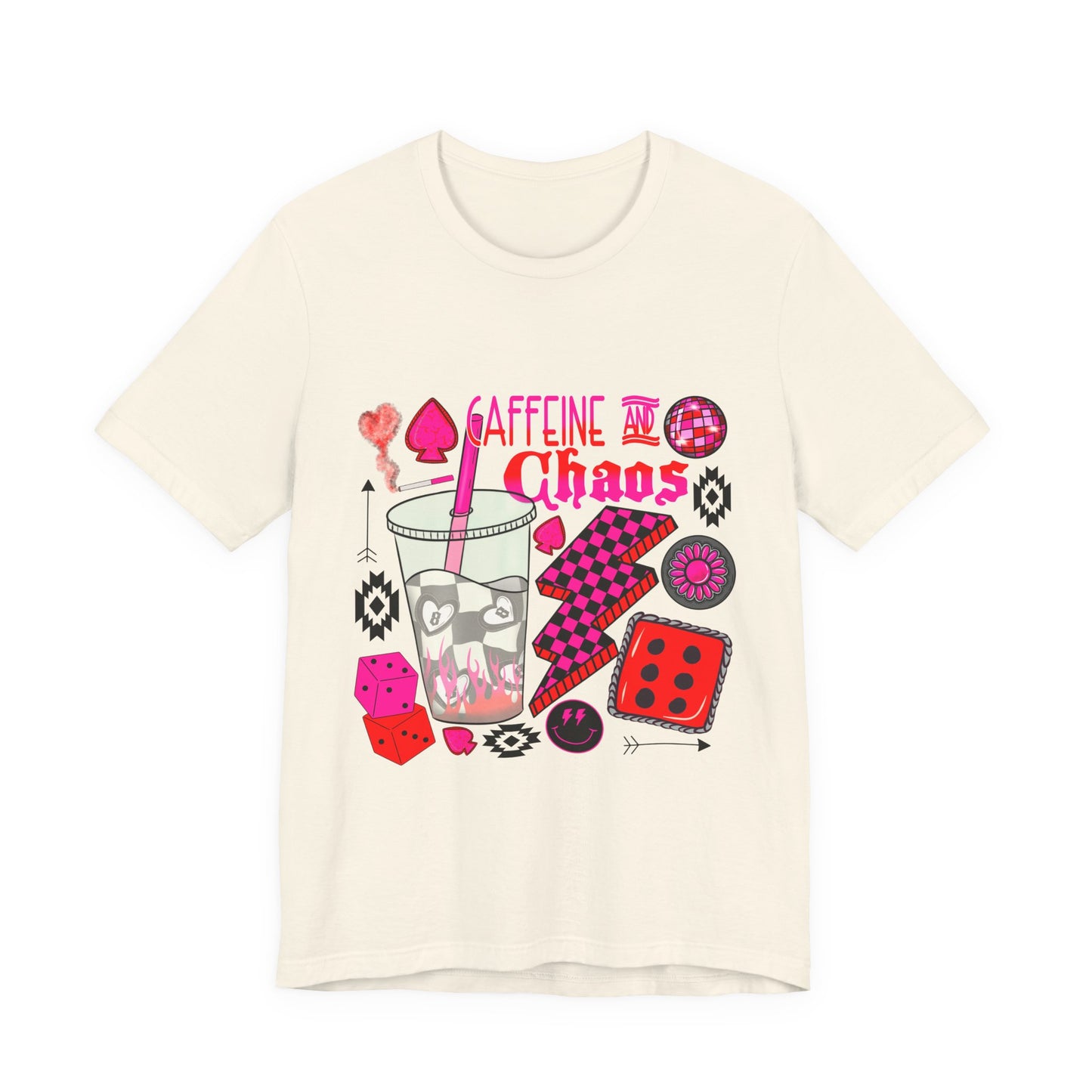 Caffeine & Chaos Tee — Retro Dice Game Milkshake Graphic T-Shirt